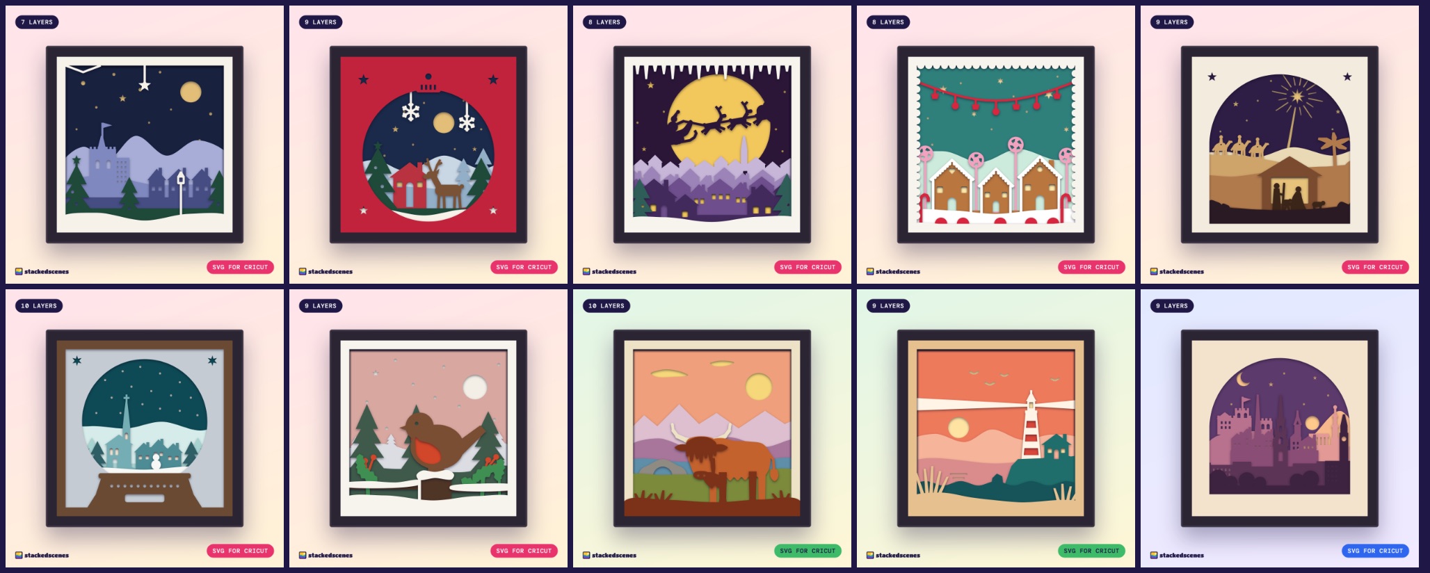 Ten layered paper shadow box designs: Christmas scenes, a Highland cow, a lighthouse and the Edinburgh skyline